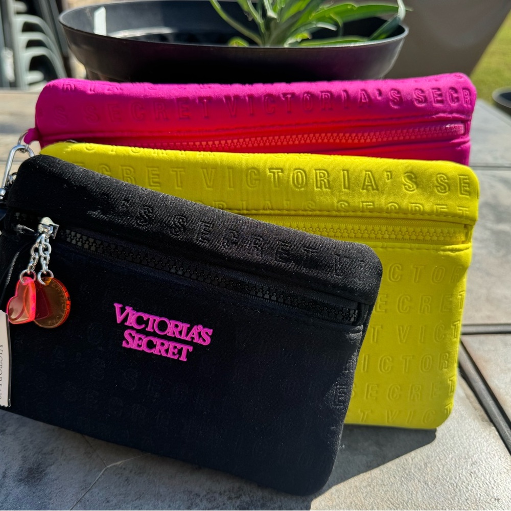 Victoria's Secret Black, Pink, Yellow Cosmetic Bag Trio